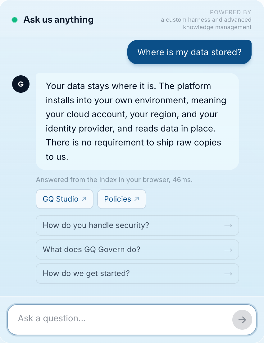 The greyquill.io chat answering 'Where is my data stored?' with a curated answer, its status line reading 'Answered from the index in your browser, 46ms'.