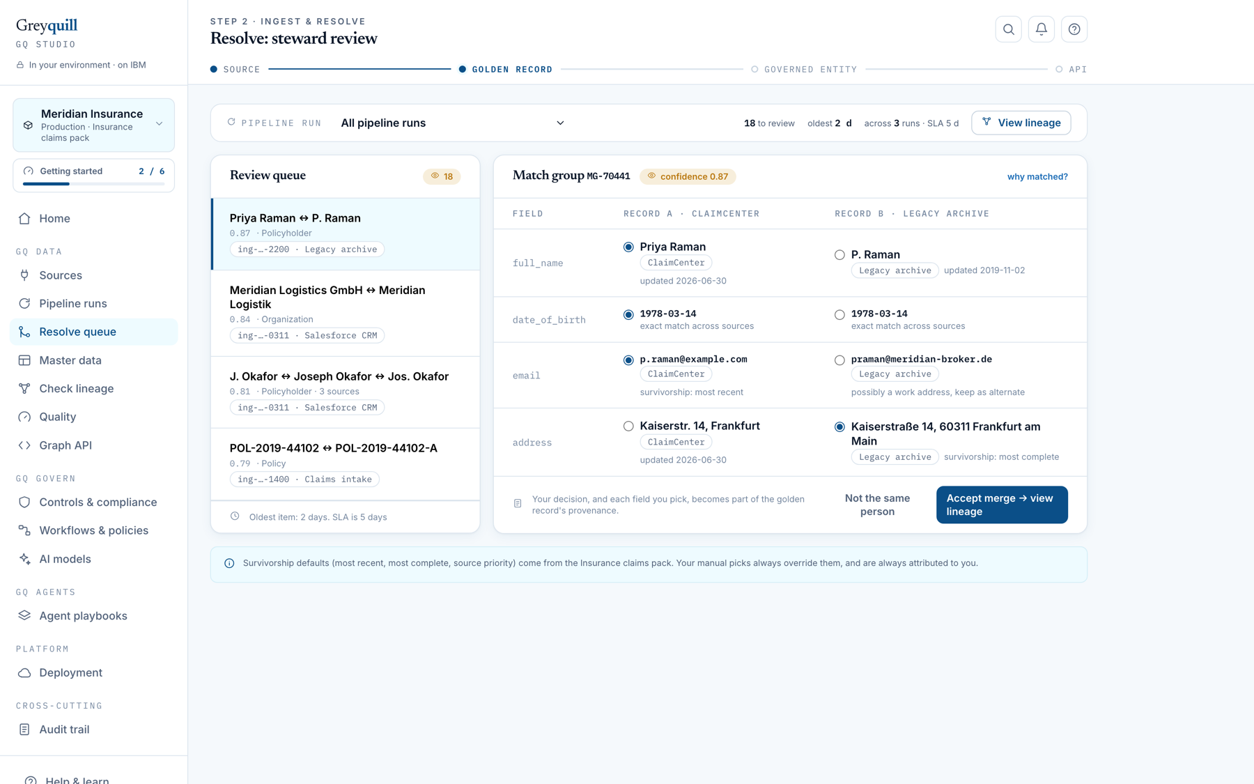 Steward review screen, comparing two candidate records field by field with source badges and a confidence score.
