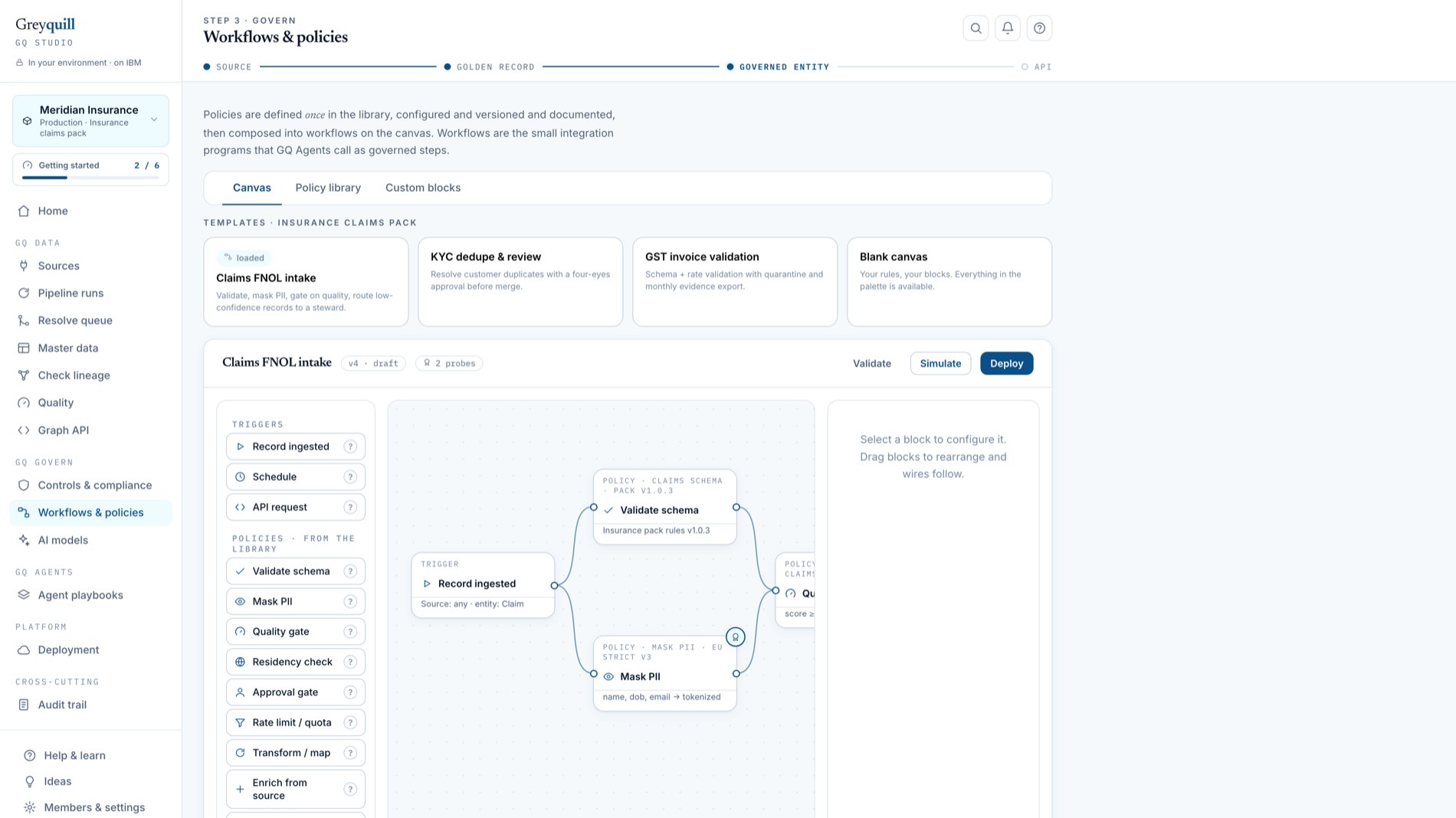 Workflow canvas composing policy blocks, with a palette of governed blocks and a publishing path.